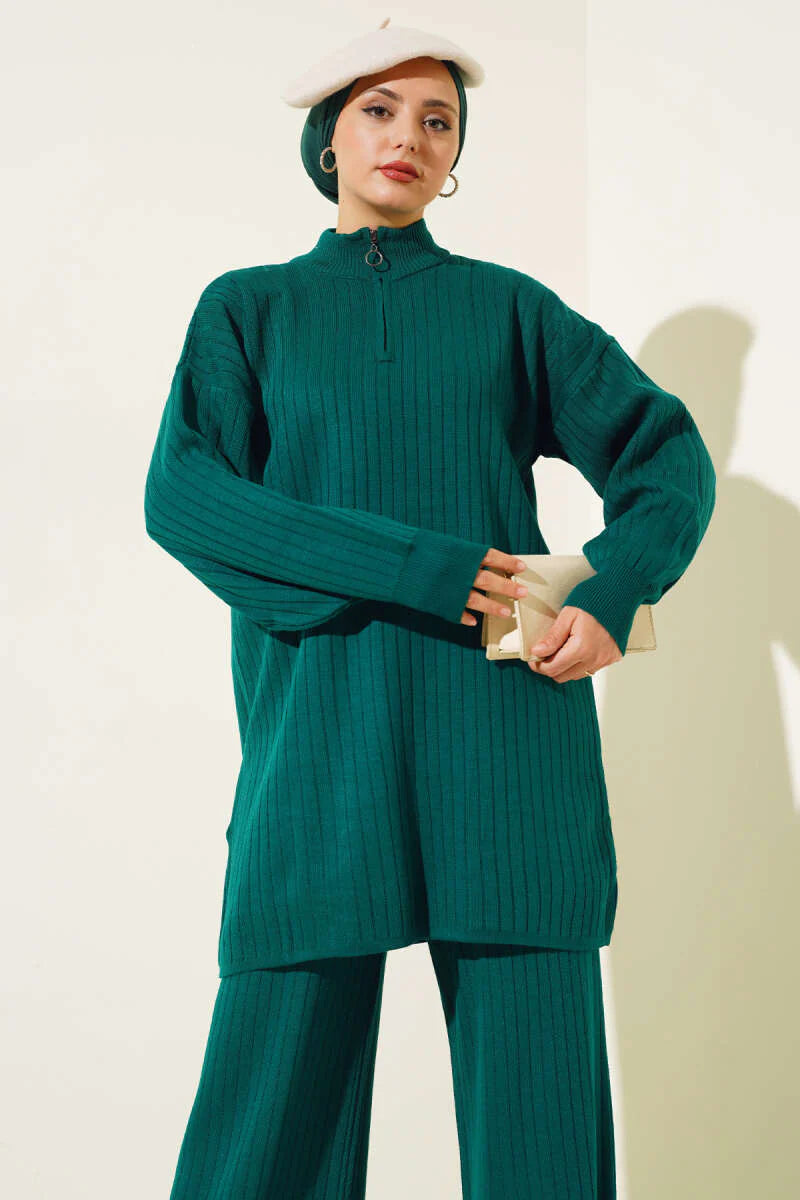 Green Zipper Design Detail Knitted Co-ord - Chaddors