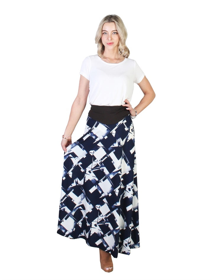 Navy Abstract Print A-Line Midi Skirt - Chaddors