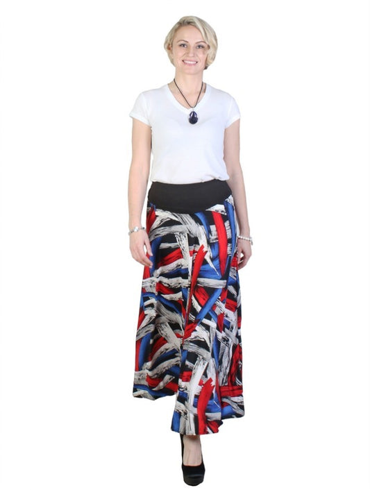 Printed Red/Blue A-Line Midi Skirt - Chaddors