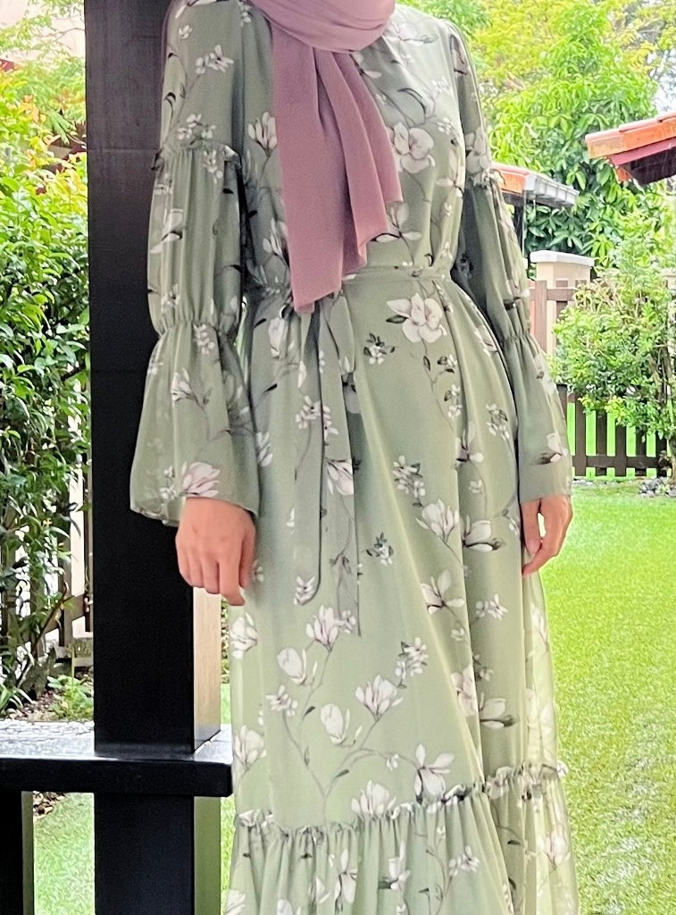 Mint Floral Poet Sleeves Dress