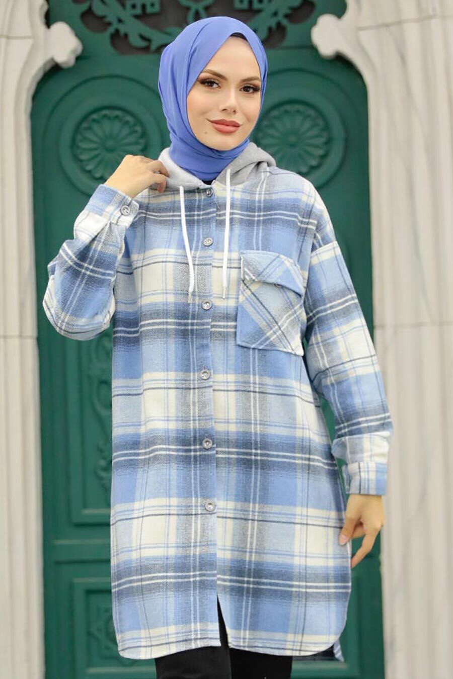 Light Blue Plaid Hooded Overshirt