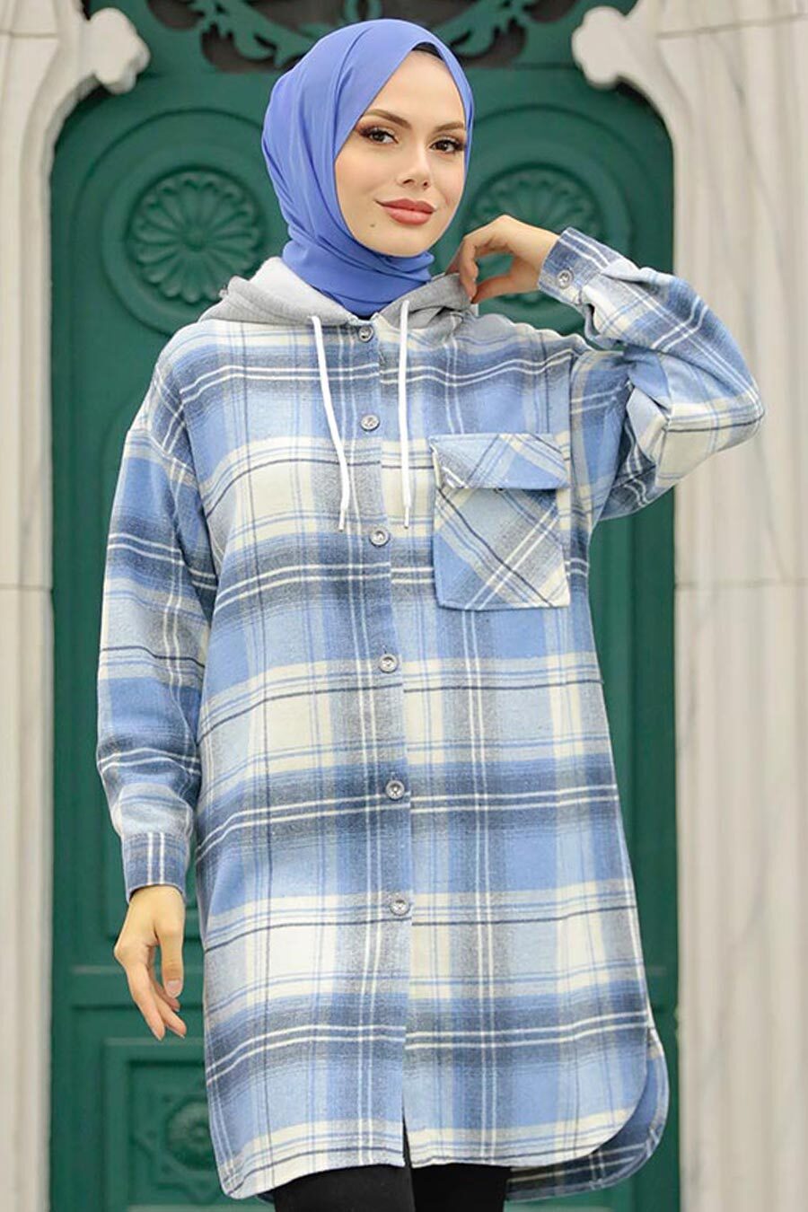 Light Blue Plaid Hooded Overshirt