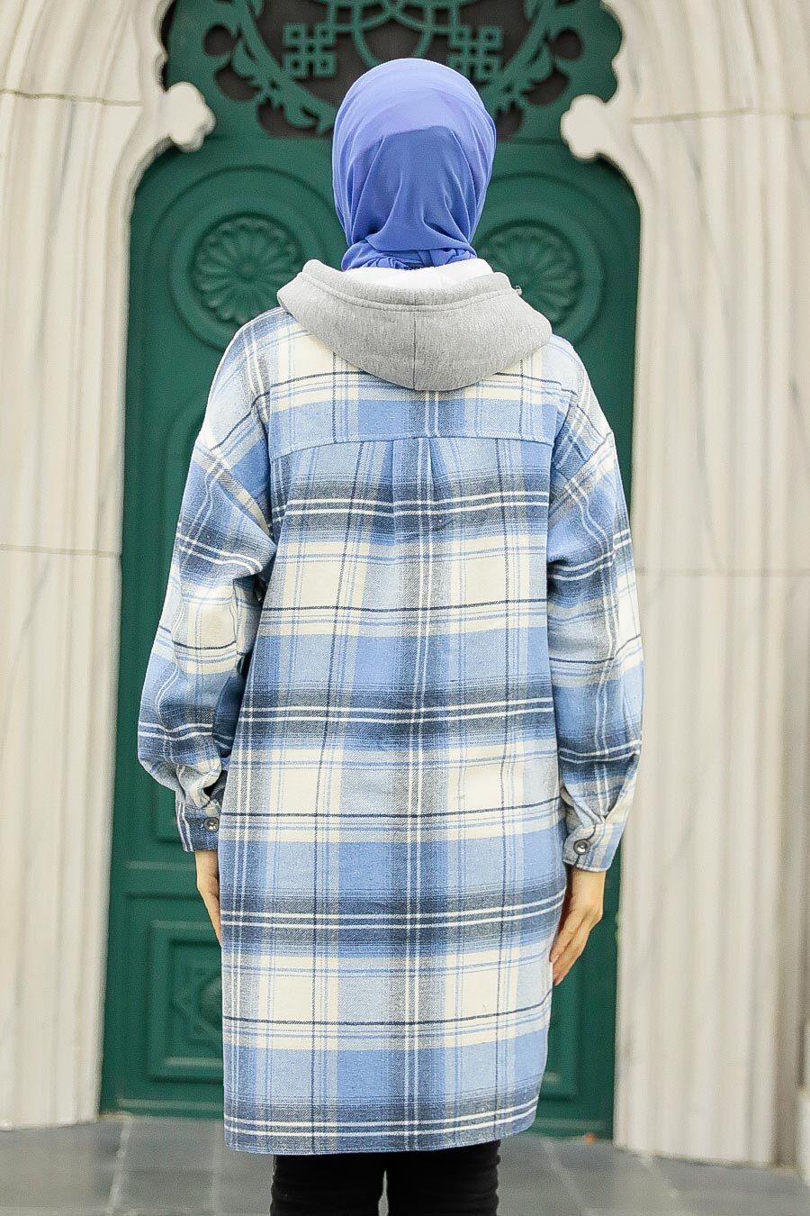 Light Blue Plaid Hooded Overshirt