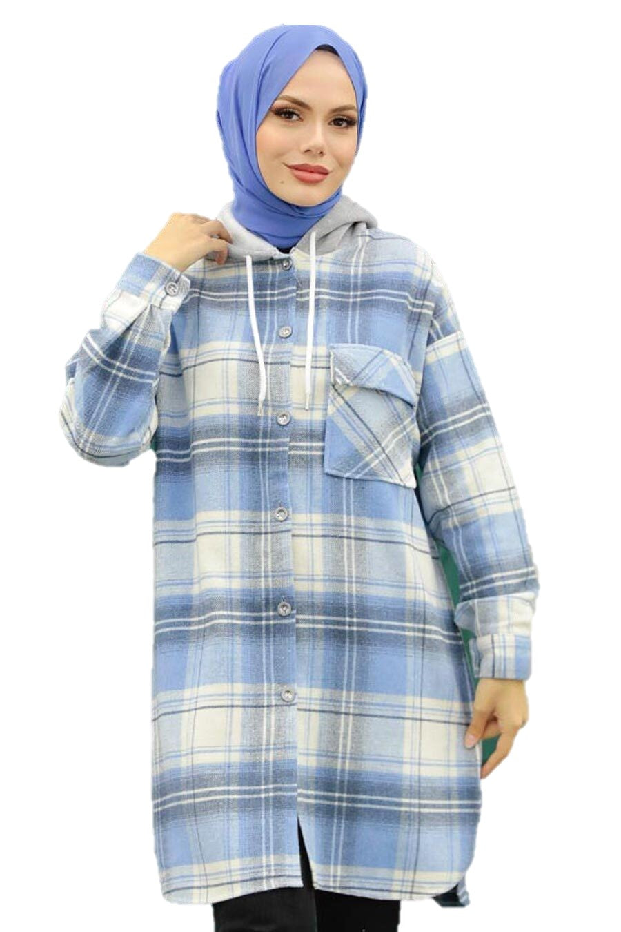 Light Blue Plaid Hooded Overshirt