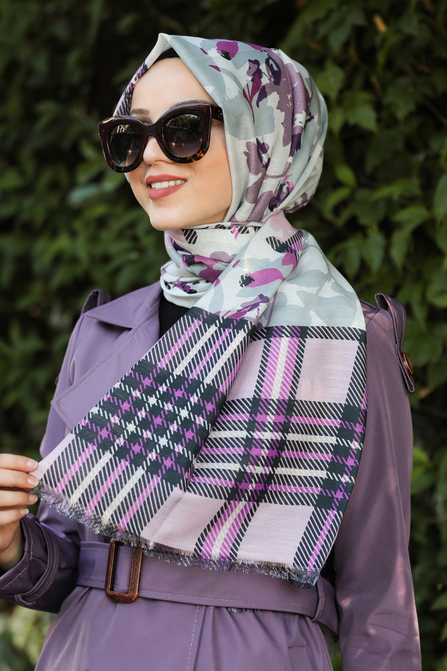 Check and Flower Printed Turkish Hijab +