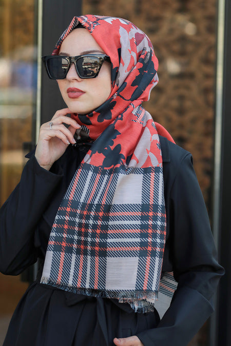 Check and Flower Printed Turkish Hijab +