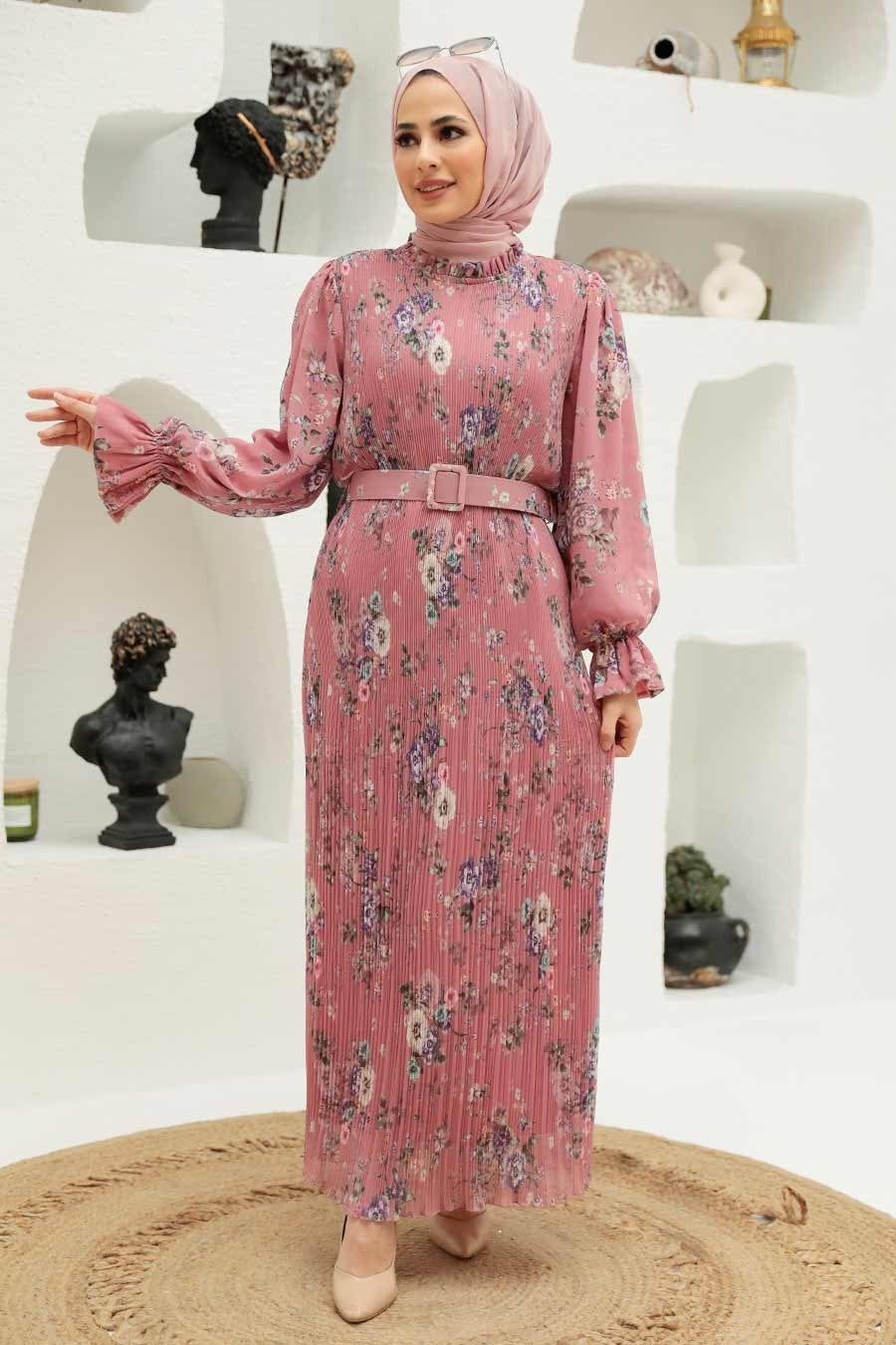 Pink Printed Pleated Turkish Dress