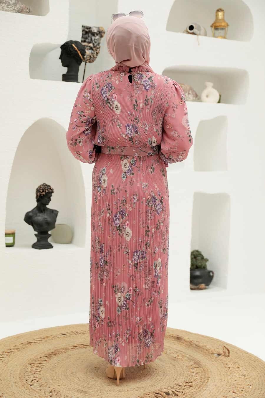 Pink Printed Pleated Turkish Dress