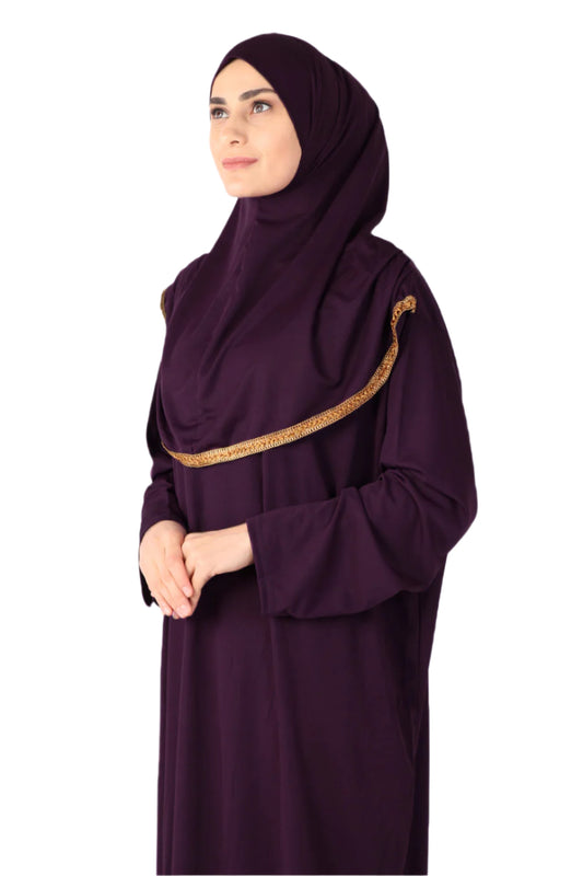 Dark Purple with Lace Turkish Prayer Dress - Chaddors