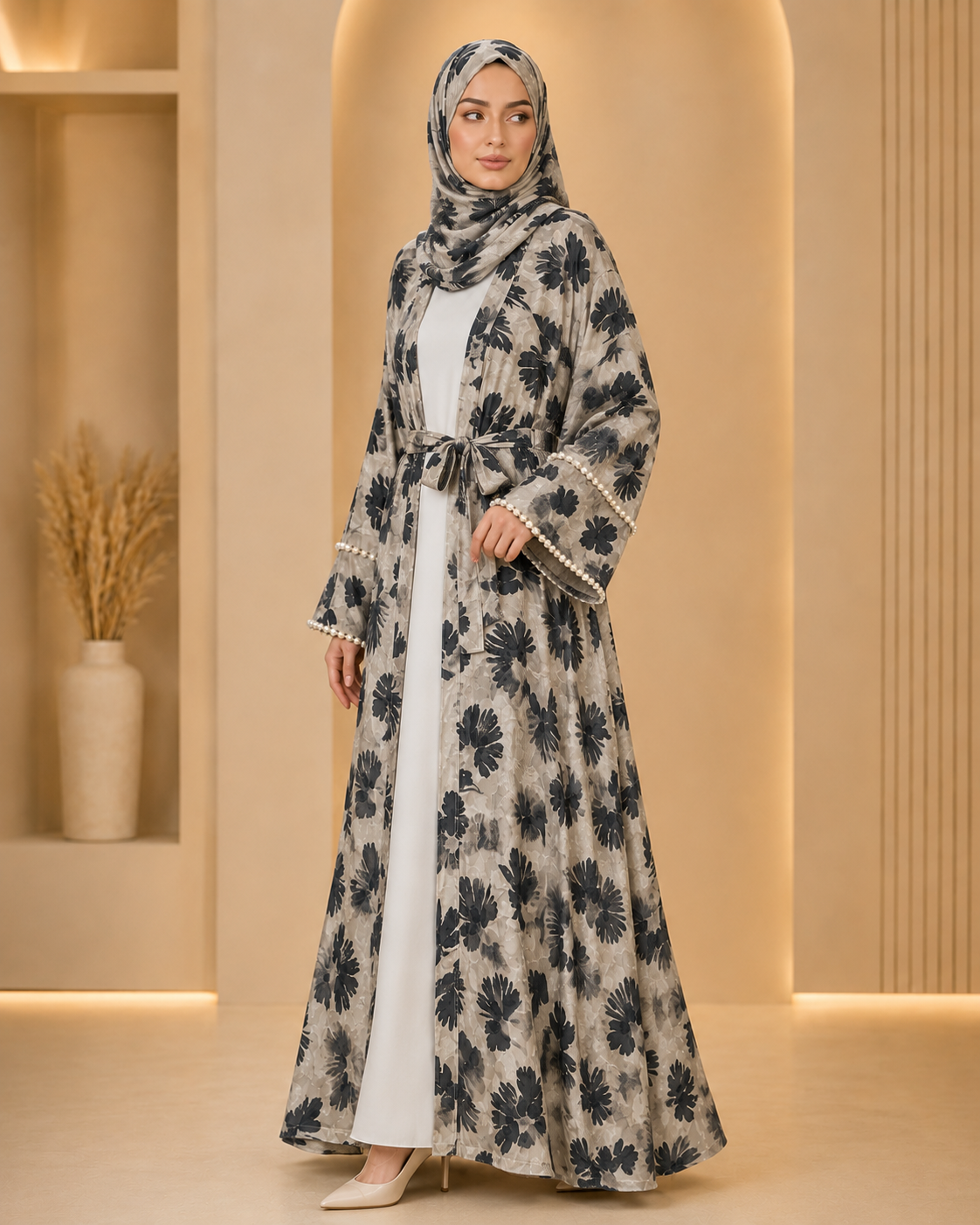Beige Luxury Double Layer Floral Abaya – Dubai Collection