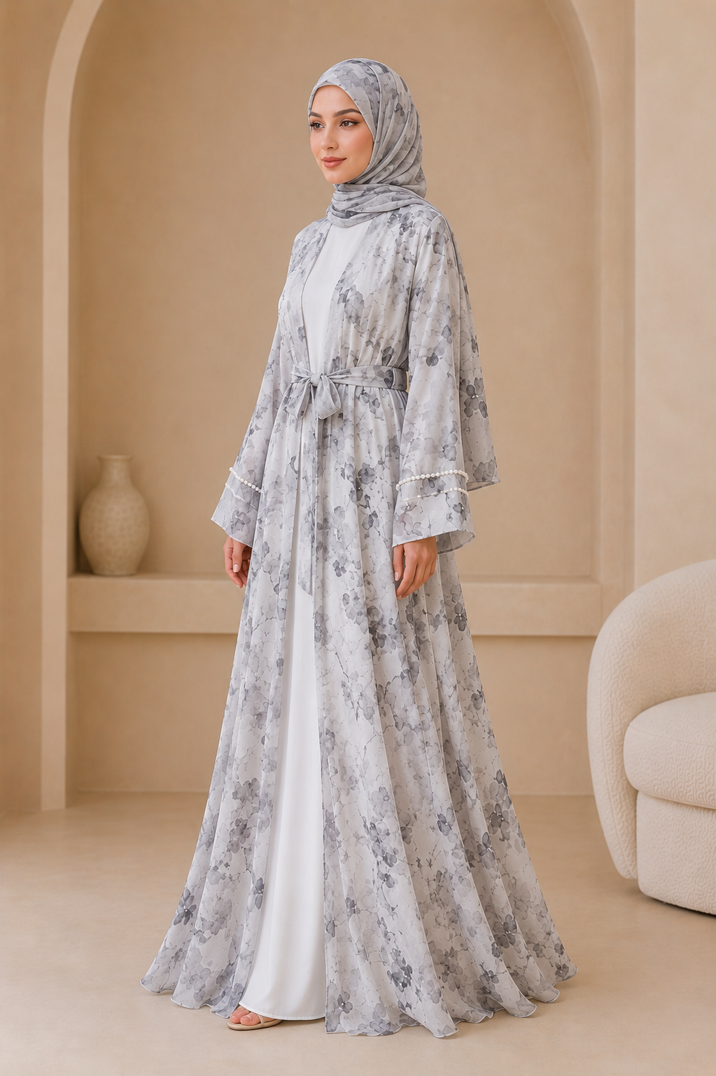 White Luxury Double Layer Floral Abaya – Dubai Collection