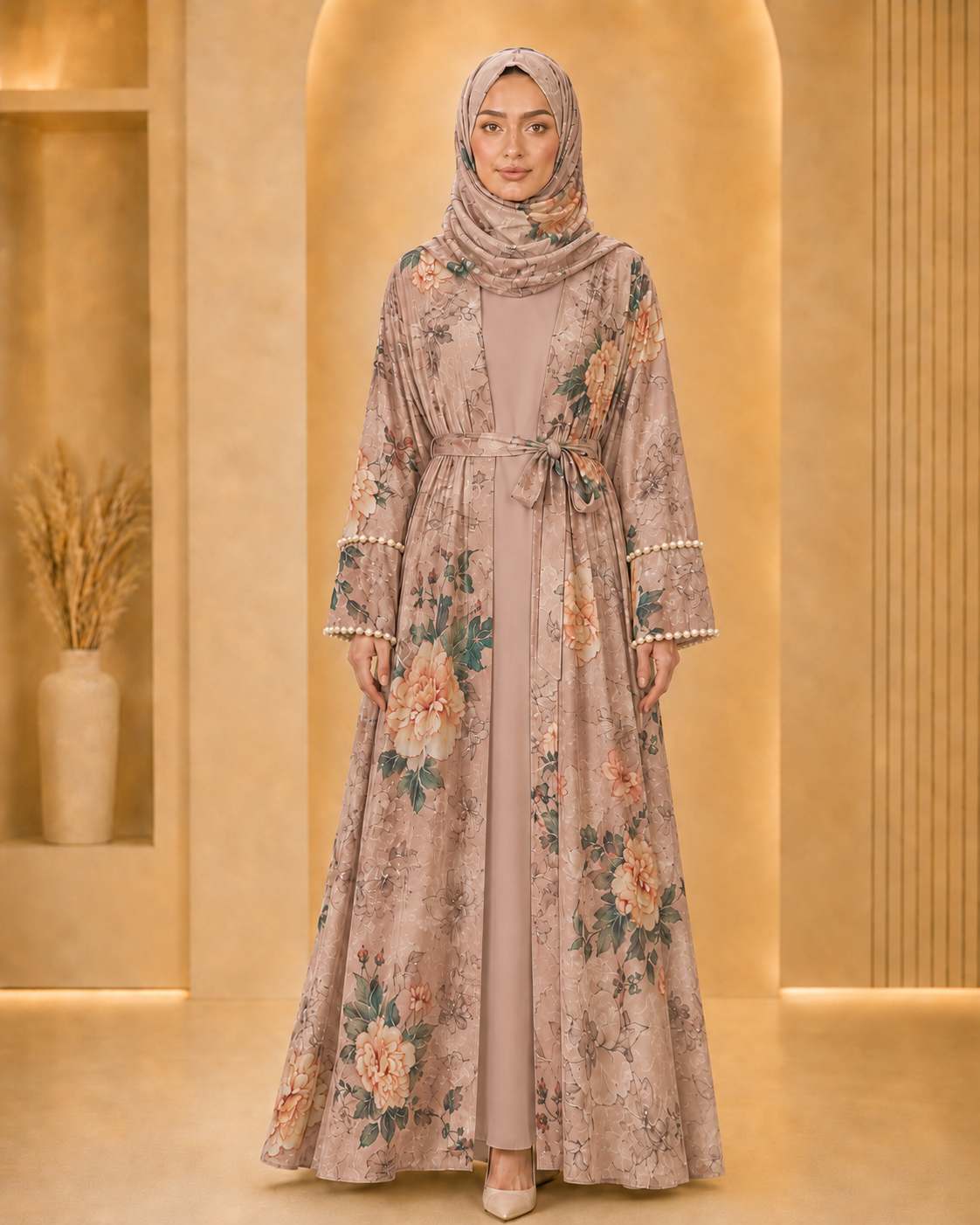 Creamy Peach Luxury Double Layer Print Abaya – Dubai Collection