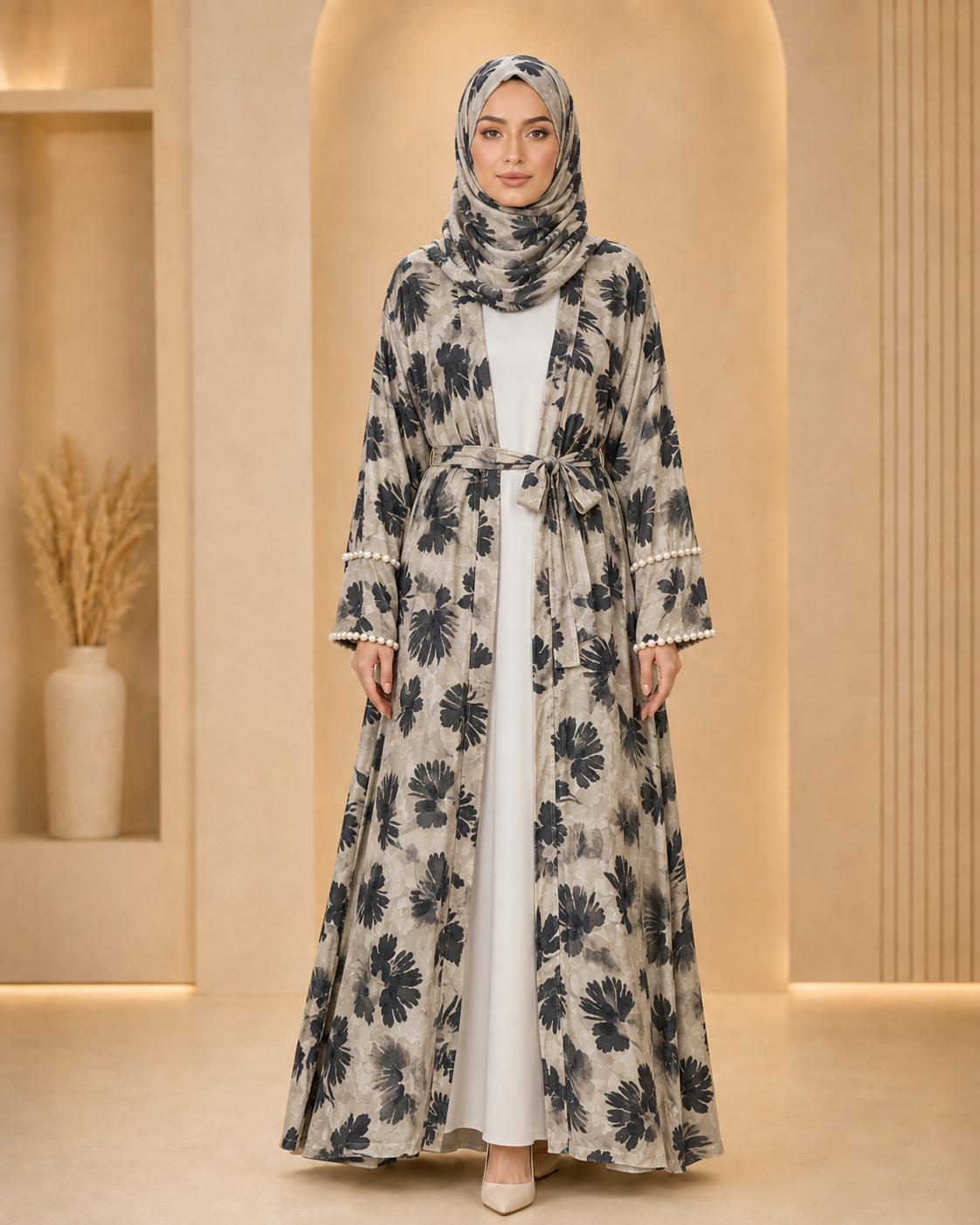 Beige Luxury Double Layer Floral Abaya – Dubai Collection