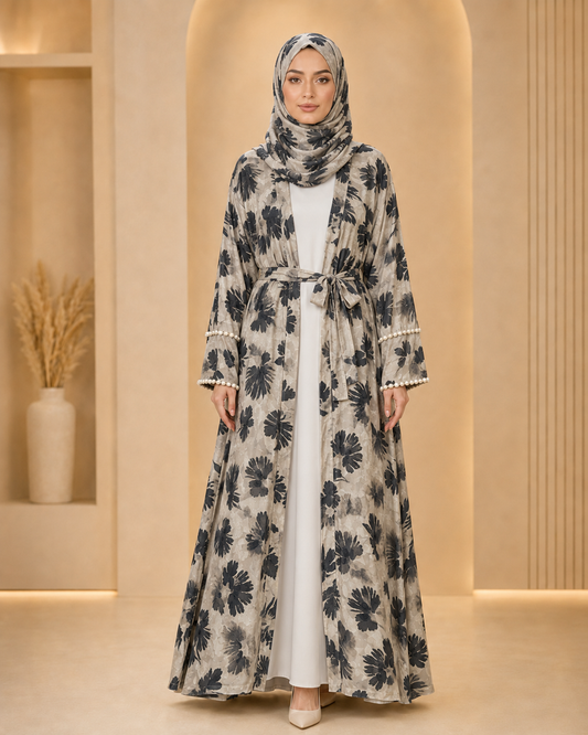 Beige Luxury Double Layer Floral Abaya – Dubai Collection