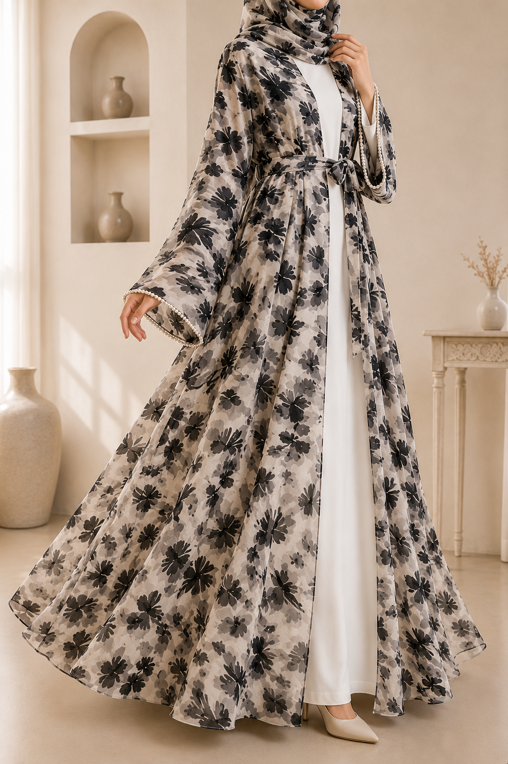 Beige Luxury Double Layer Floral Abaya – Dubai Collection
