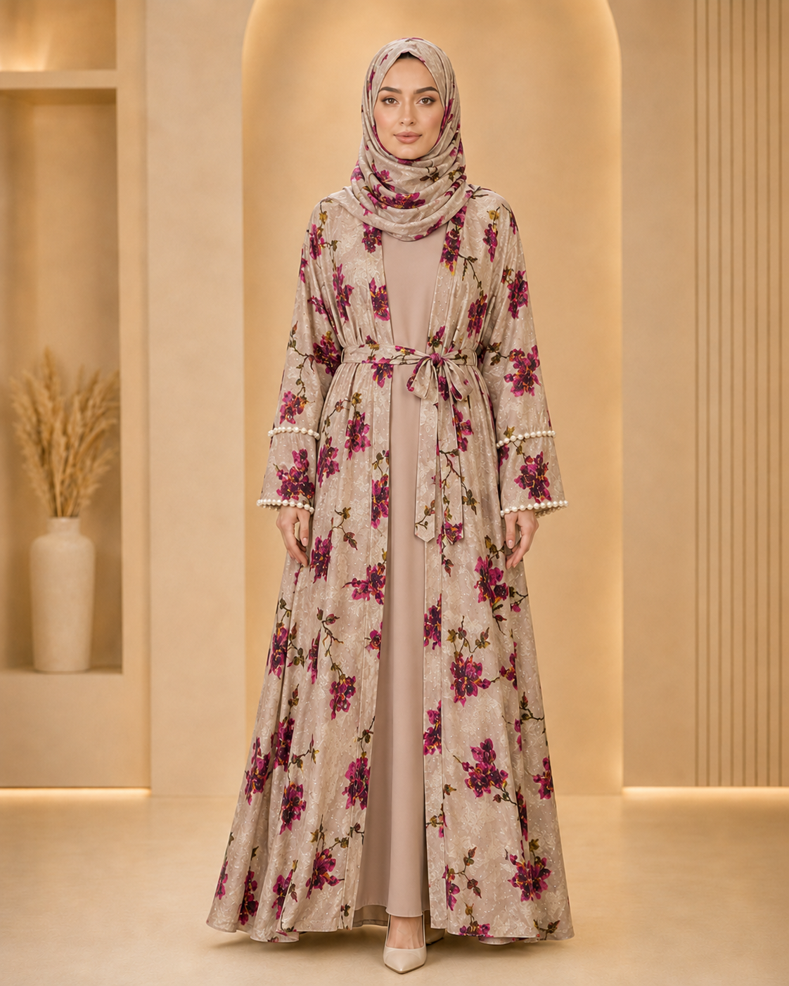 Rose Gold Luxury Double Layer Floral Abaya – Dubai Collection