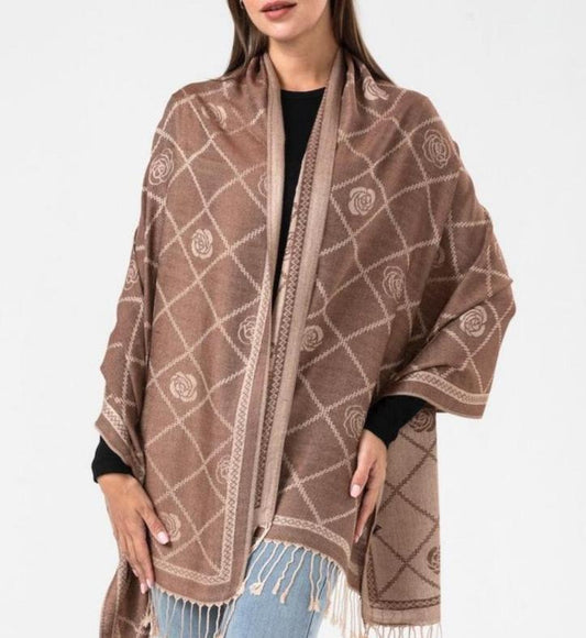 Brown Gold Rose Print Pashmina - Chaddors