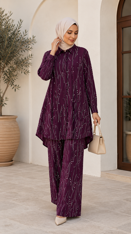 Purple & White Patterned Viscose Co‑ord Set - Chaddors