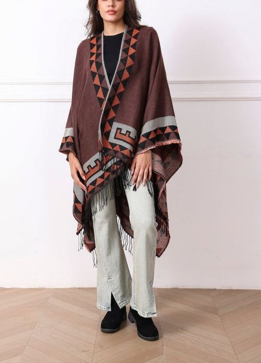 Aztec Brown Fringe Cape - Chaddors