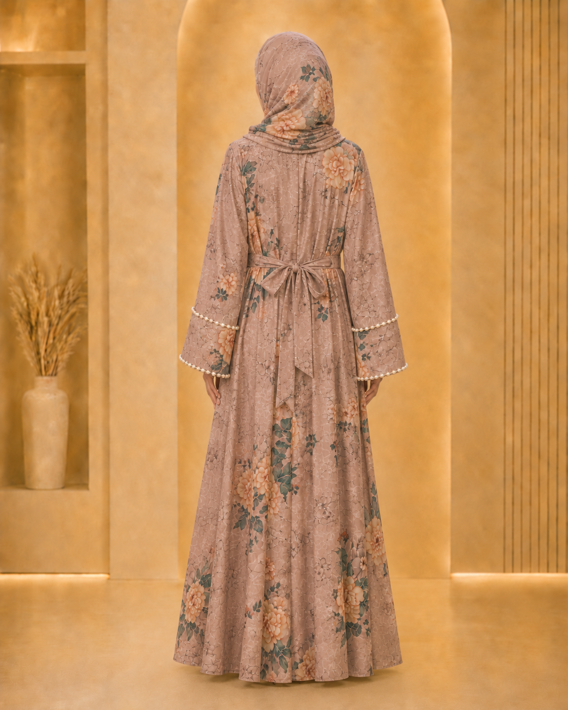 Creamy Peach Luxury Double Layer Print Abaya – Dubai Collection