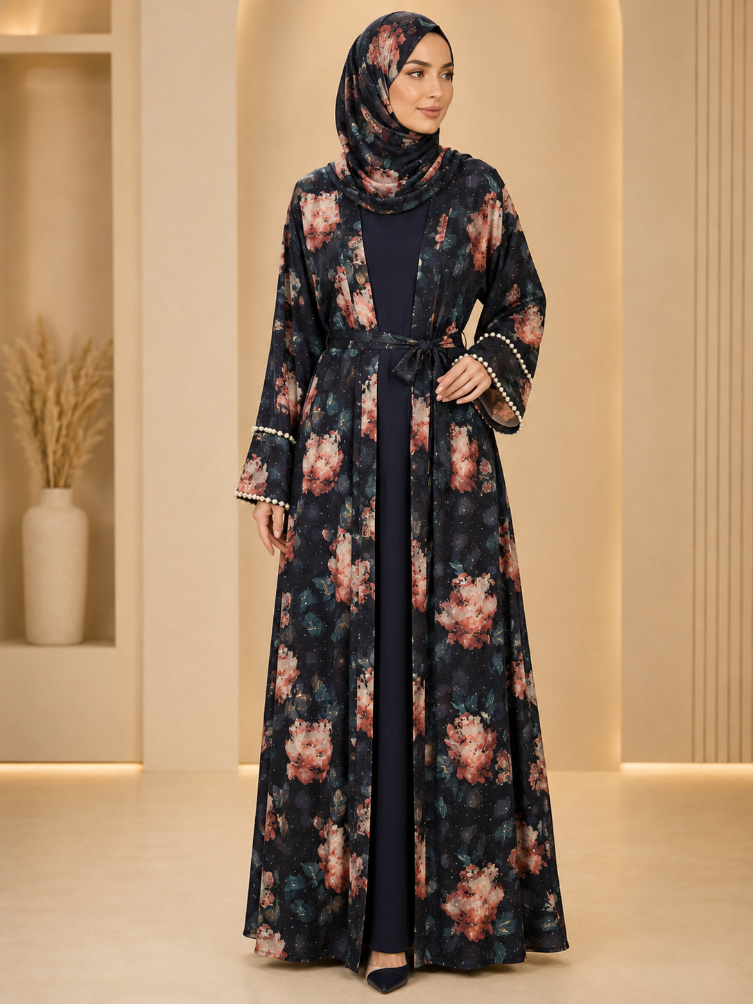 Navy Luxury Double Layer Print Abaya – Dubai Collection