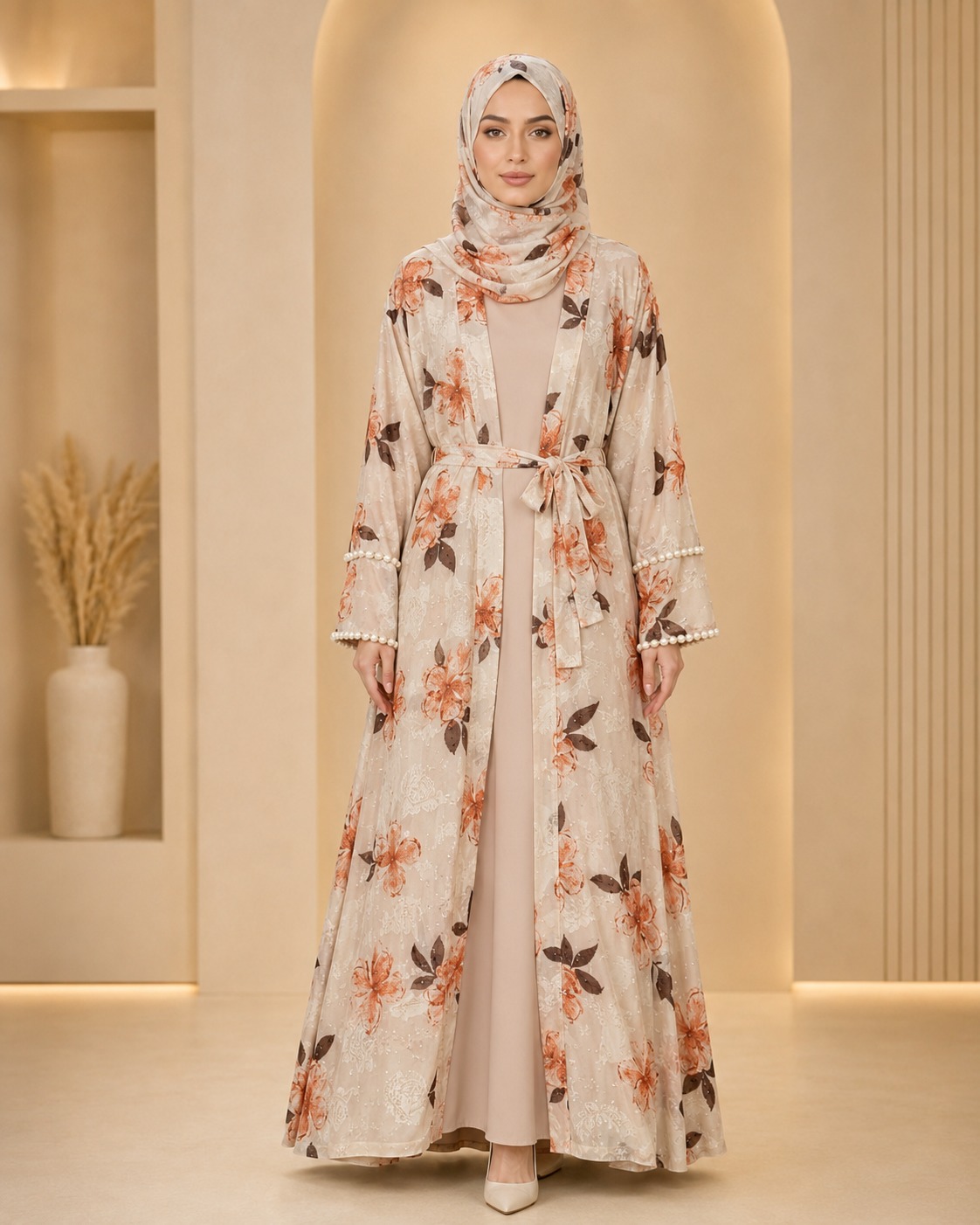 Peach Flowers Luxury Double Layer Abaya – Dubai Collection