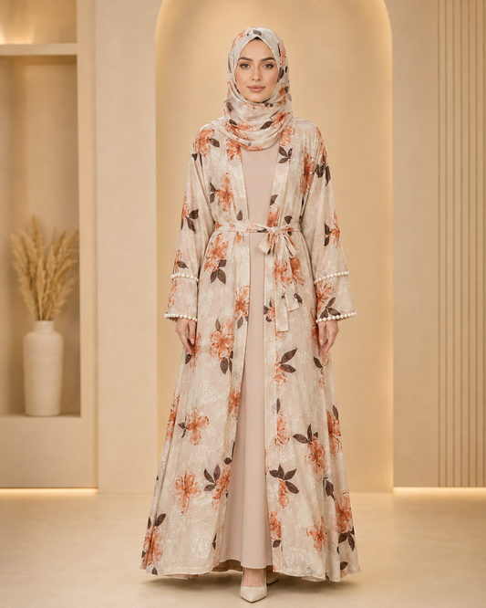 Peach Flowers Luxury Double Layer Abaya – Dubai Collection
