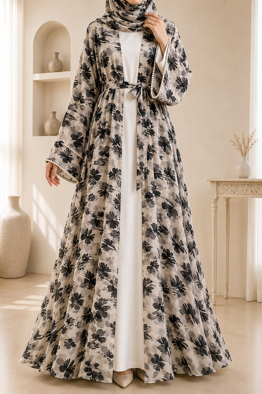 Beige Luxury Double Layer Floral Abaya – Dubai Collection