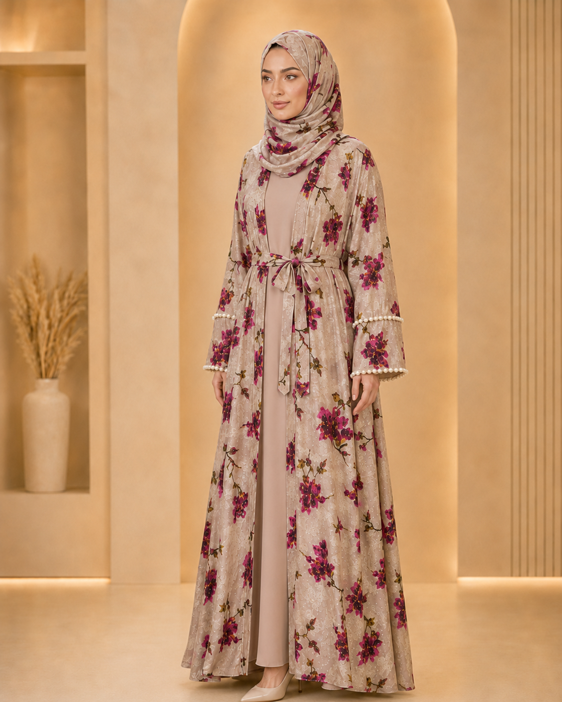 Rose Gold Luxury Double Layer Floral Abaya – Dubai Collection