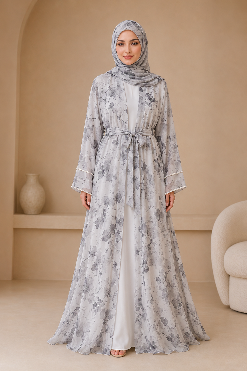 White Luxury Double Layer Floral Abaya – Dubai Collection