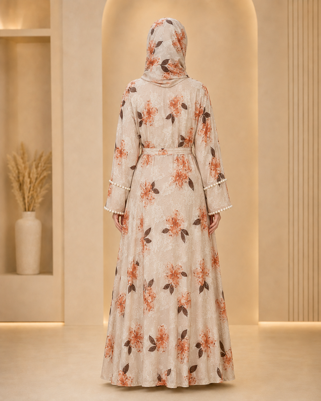 Peach Flowers Luxury Double Layer Abaya – Dubai Collection