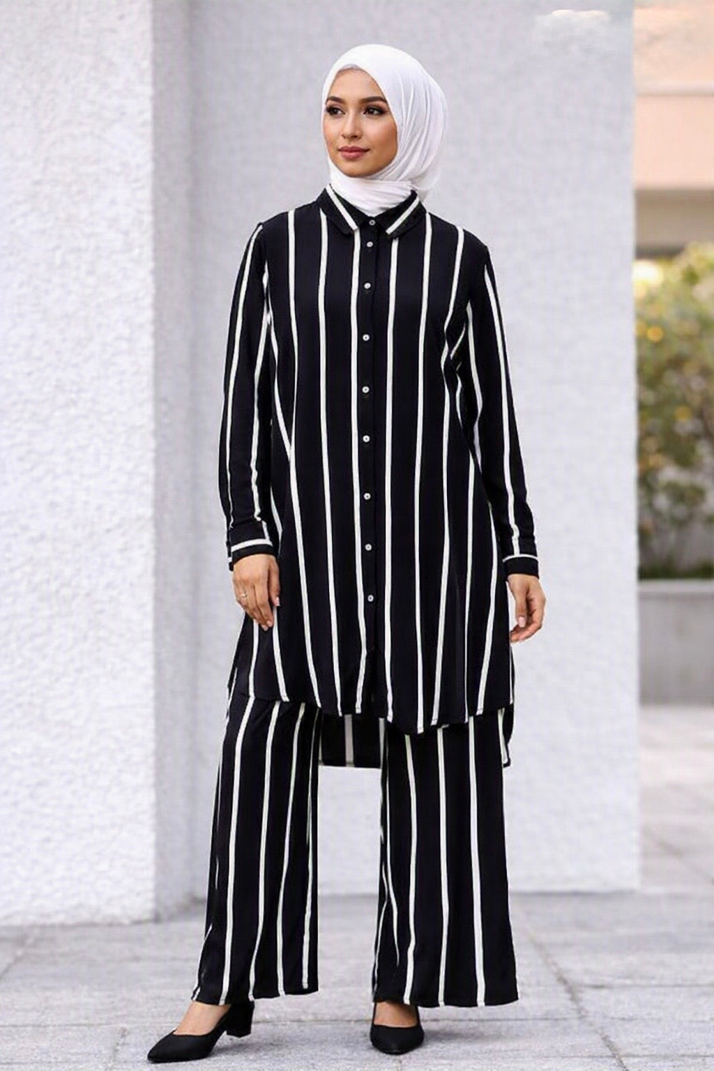 Black & White Striped Viscose Co‑ord Set - Chaddors