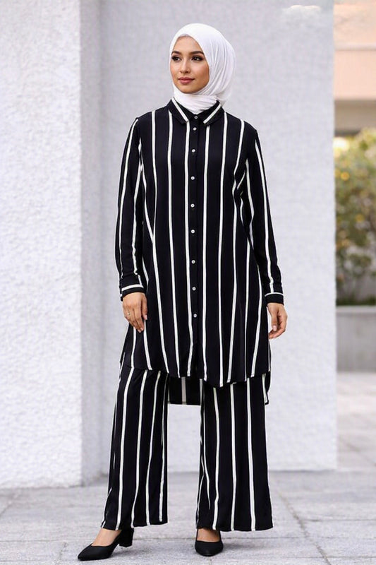 Black & White Striped Viscose Co‑ord Set - Chaddors