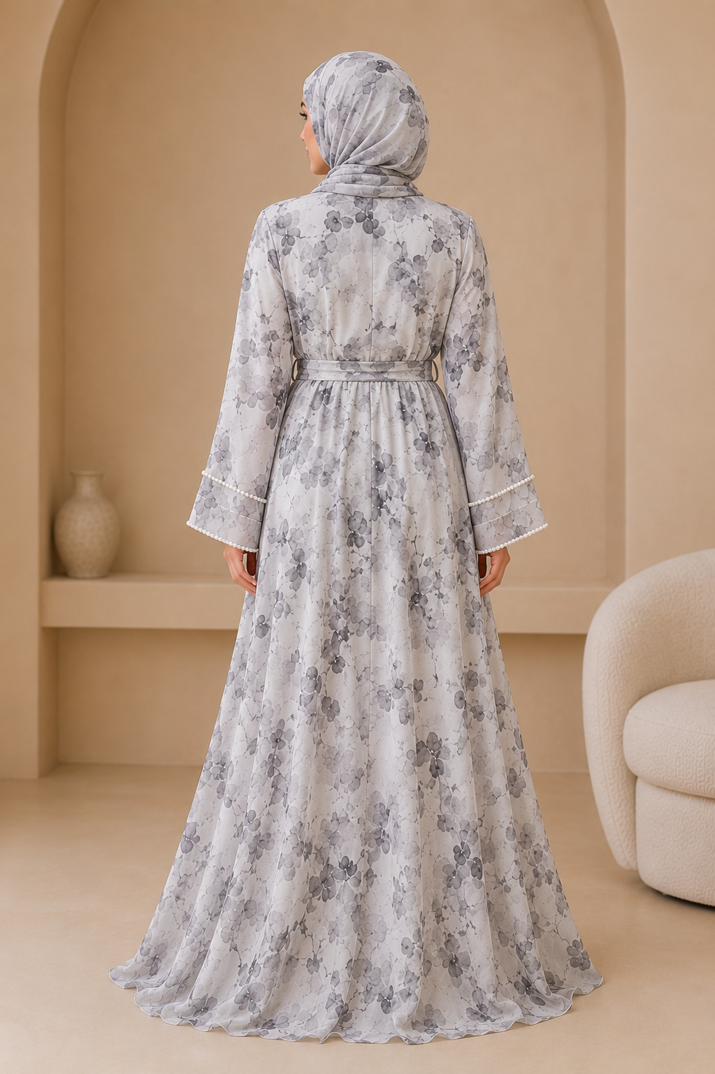 White Luxury Double Layer Floral Abaya – Dubai Collection