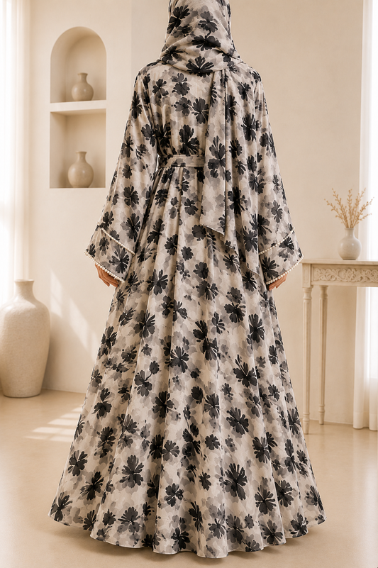 Beige Luxury Double Layer Floral Abaya – Dubai Collection