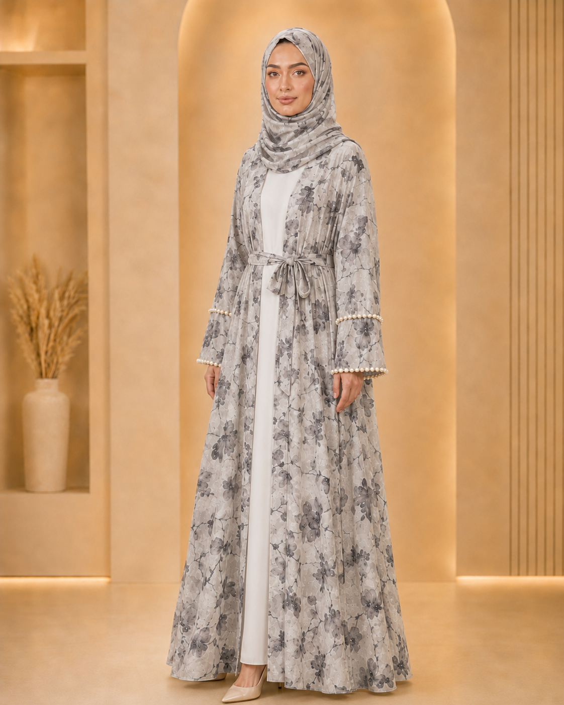 White Luxury Double Layer Floral Abaya – Dubai Collection