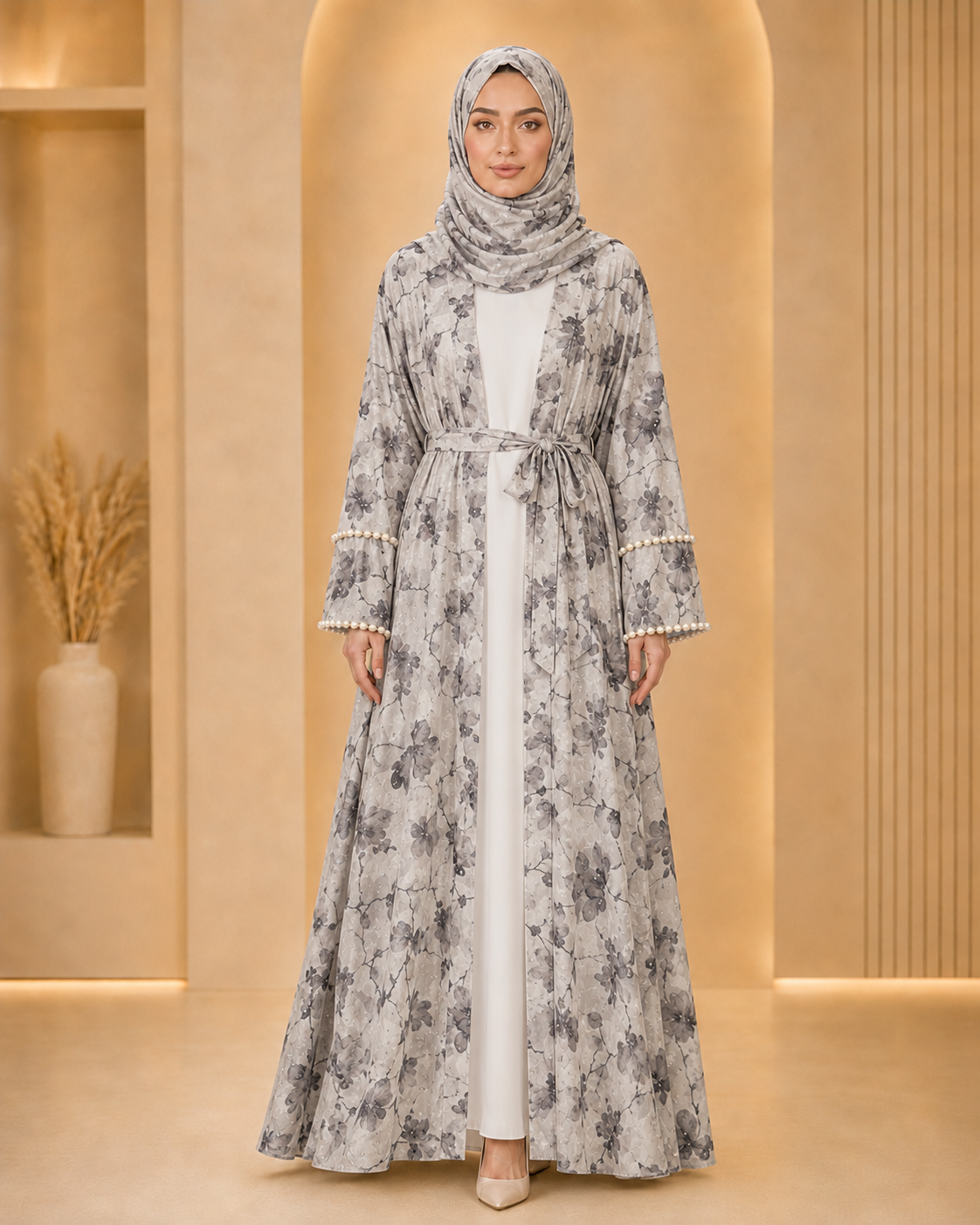 White Luxury Double Layer Floral Abaya – Dubai Collection