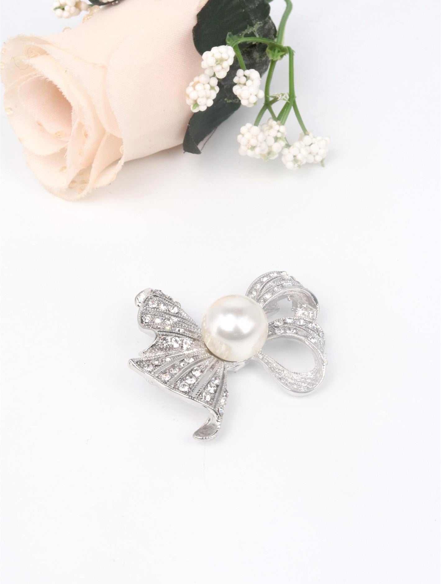 Pearl & Rhinestone Bow Hijab Brooch – Silver, Gold & Rose Gold