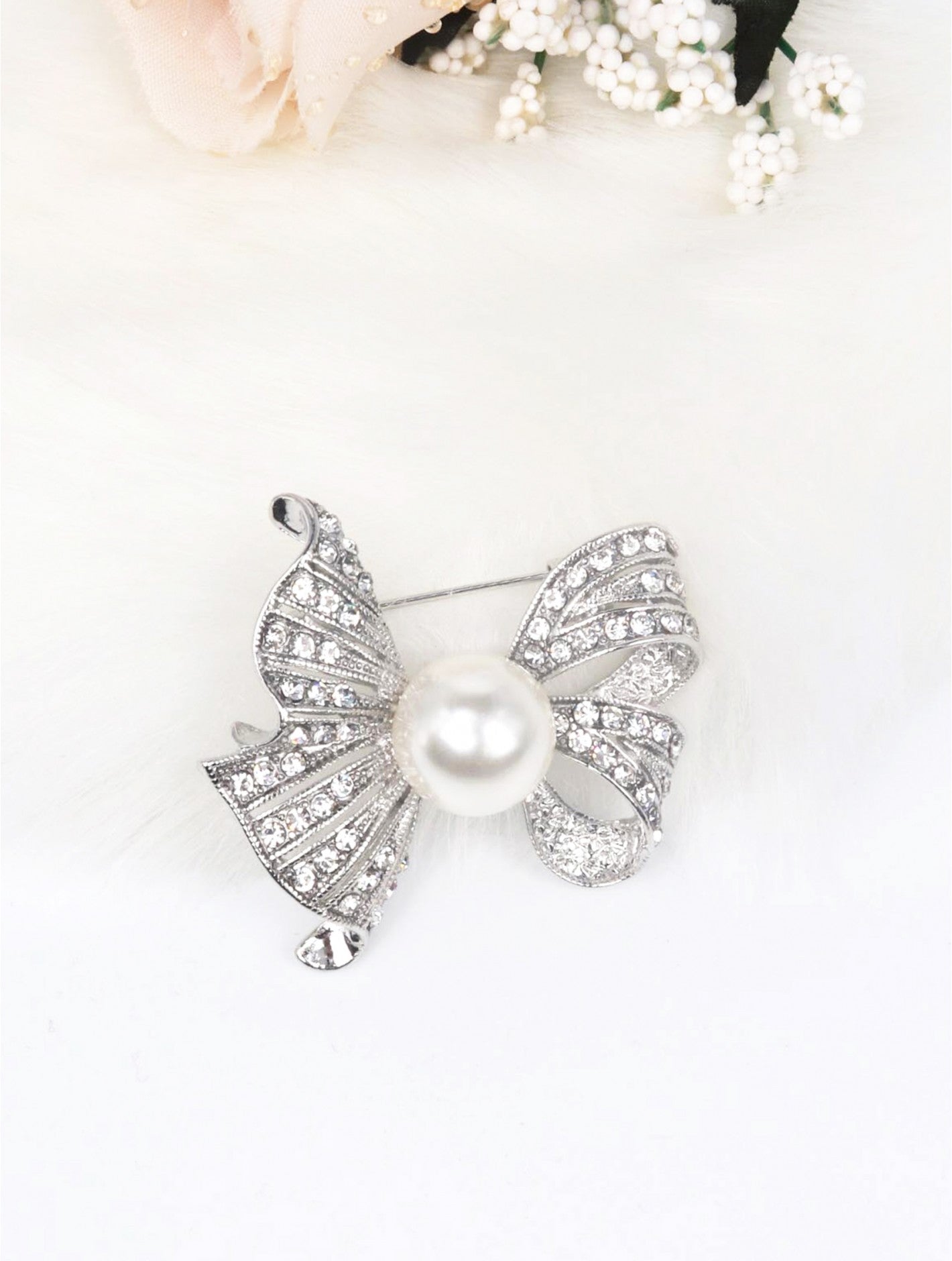 Pearl & Rhinestone Bow Hijab Brooch – Silver, Gold & Rose Gold
