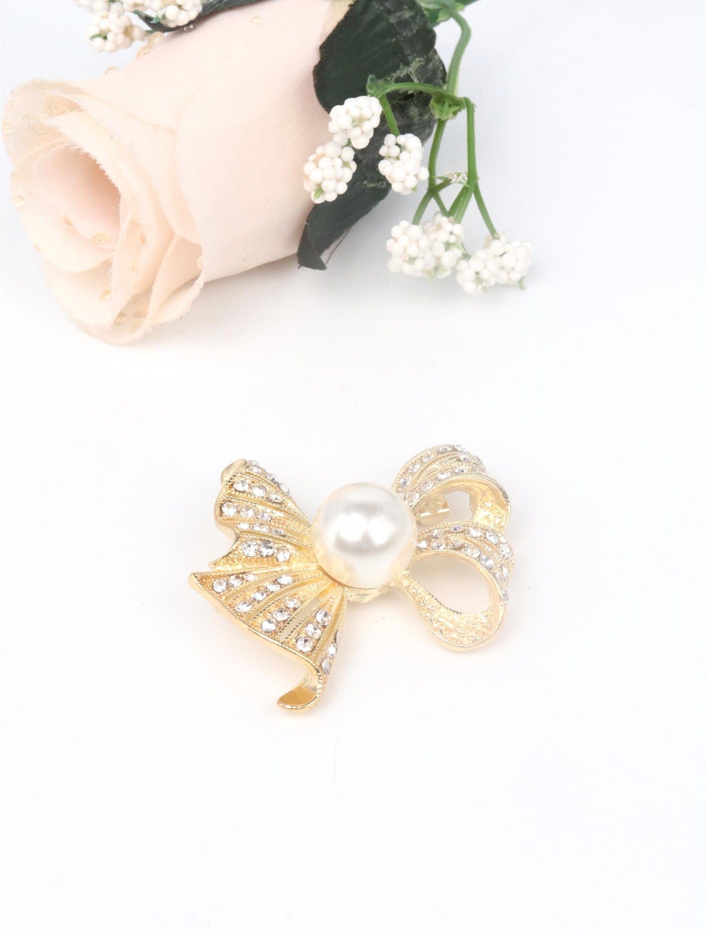 Pearl & Rhinestone Bow Hijab Brooch – Silver, Gold & Rose Gold