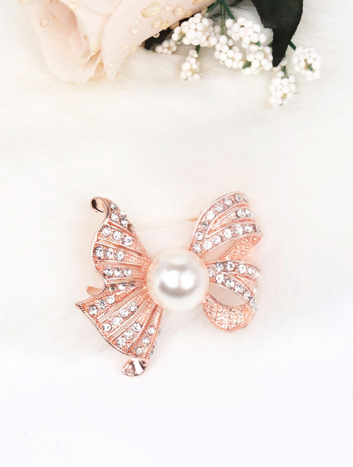 Pearl & Rhinestone Bow Hijab Brooch – Silver, Gold & Rose Gold