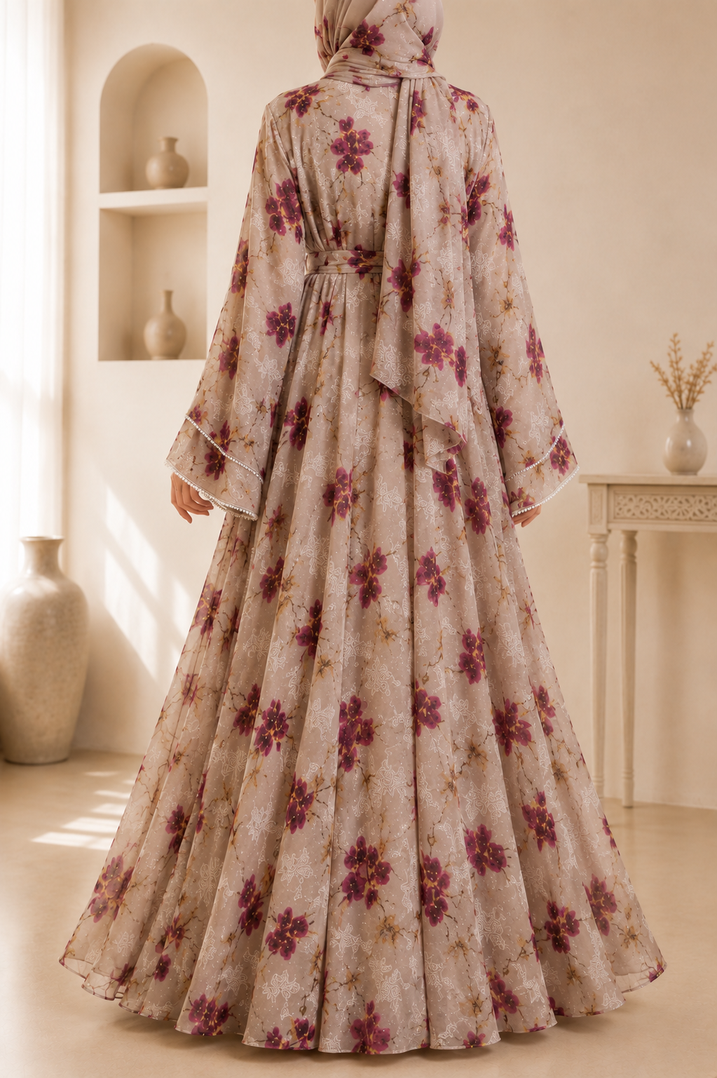 Rose Gold Luxury Double Layer Floral Abaya – Dubai Collection