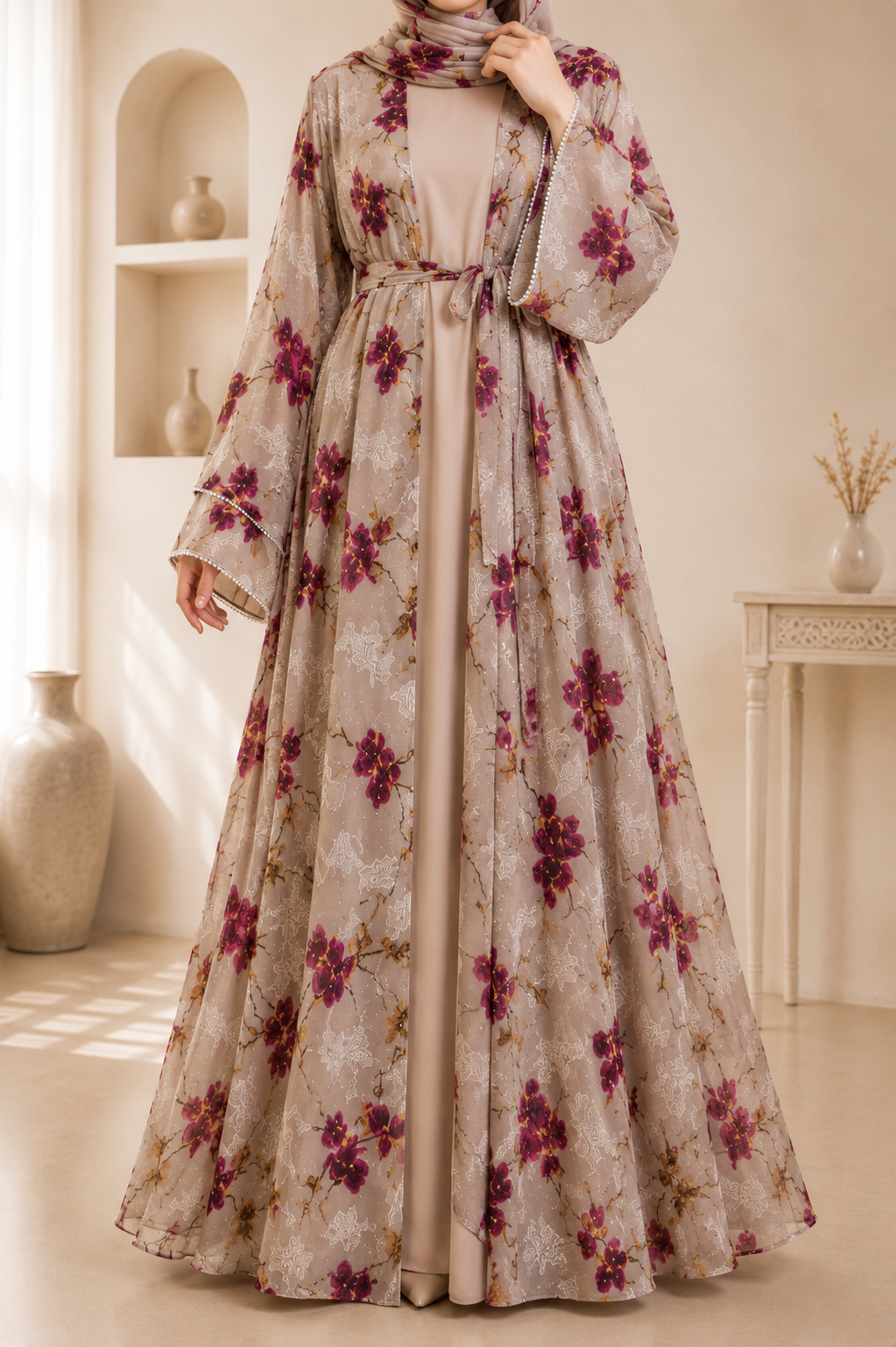 Rose Gold Luxury Double Layer Floral Abaya – Dubai Collection