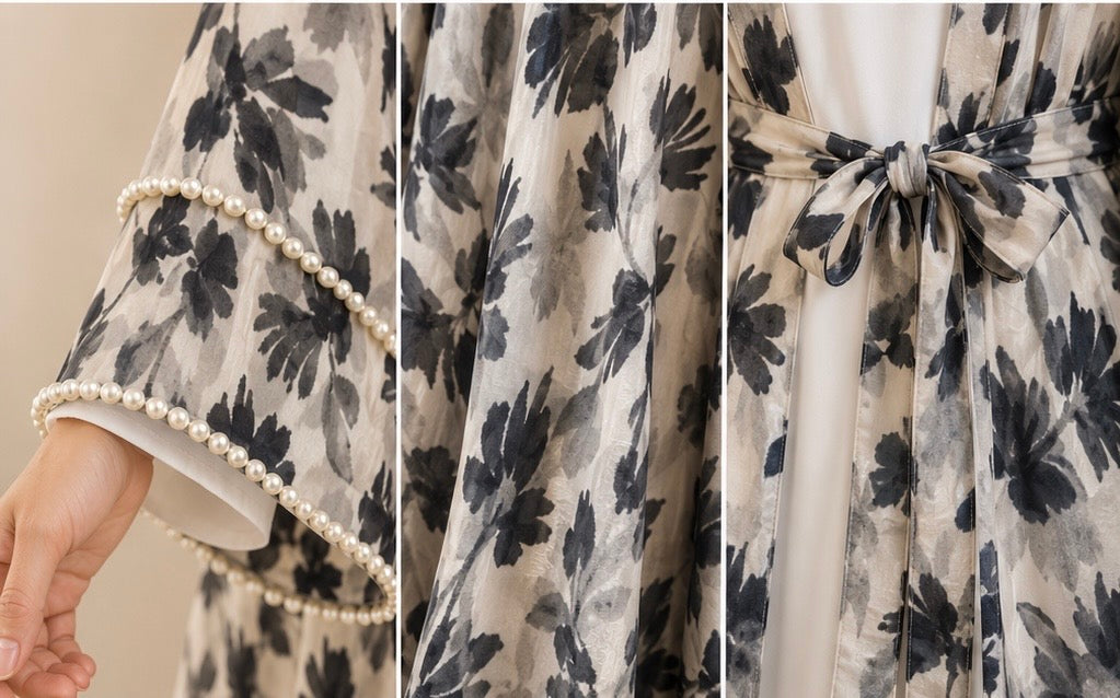 Beige Luxury Double Layer Floral Abaya – Dubai Collection