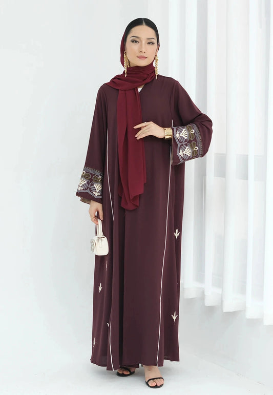 Maroon Embroidered Luxury Kimono Abaya