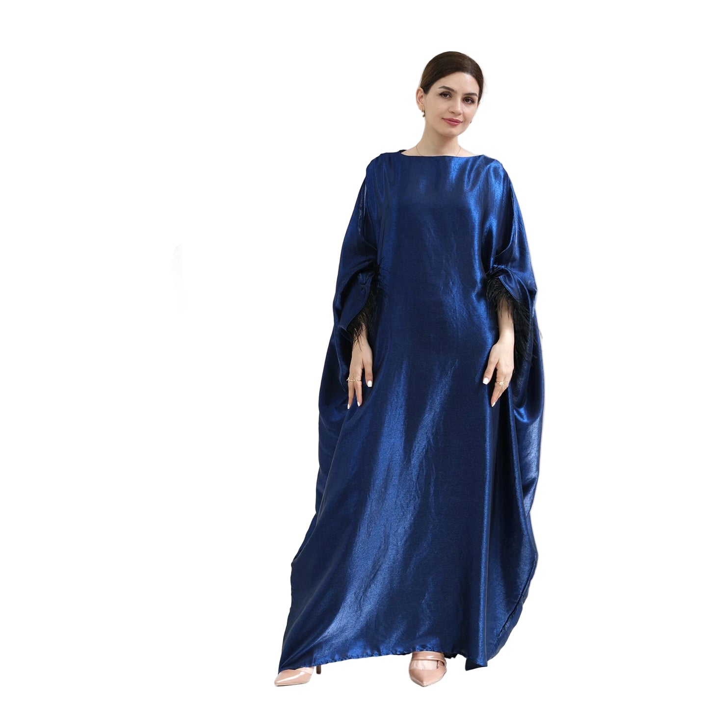 Navy Feather Sleeves Shinny Butterfly Abaya