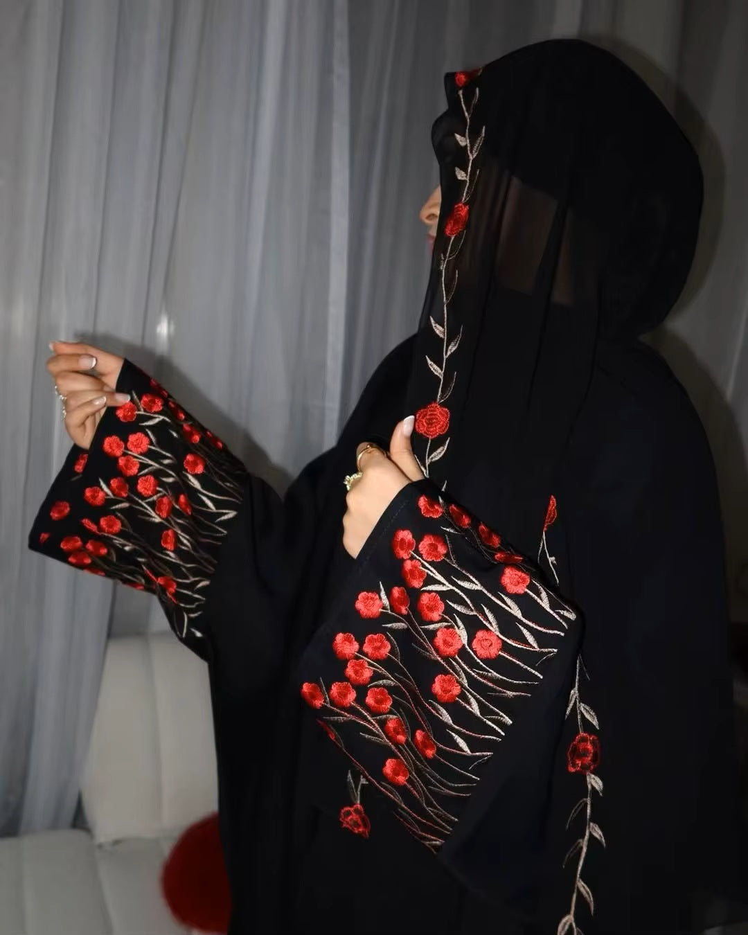 Kimono Abaya – Floral Embroidered Sleeves - Chaddors