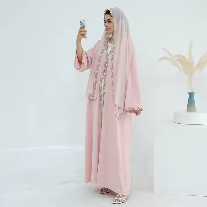 Blush Pink Lace Trim Abaya - Chaddors
