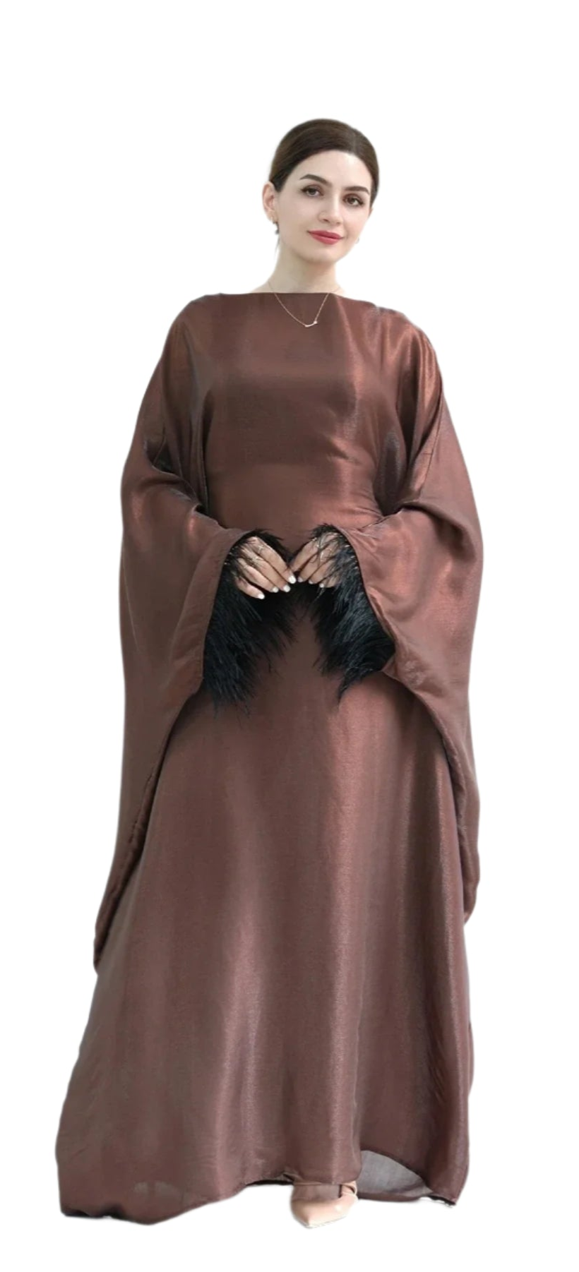 Coffee Feather Sleeves Shinny Butterfly Abaya