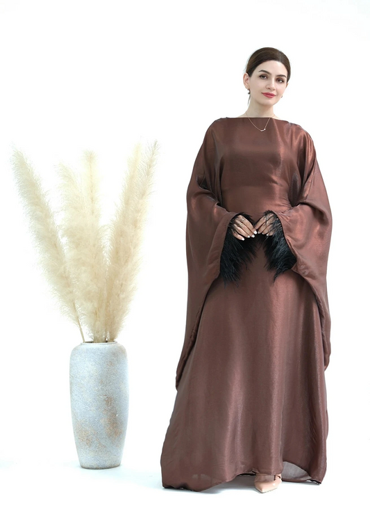 Coffee Feather Sleeves Shinny Butterfly Abaya